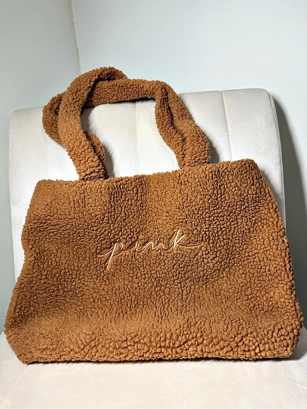PINK Victoria's Secret Cozy Plush Sherpa Tote Bag in Brown
